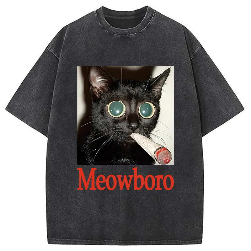 Meowboro Cat Smoking Washed T-Shirt Retro Humor Graphic Top Gifts For Him Meowboro Cat Smoking Washed T-Shirt Retro Humor Graphic Top Gifts For Him