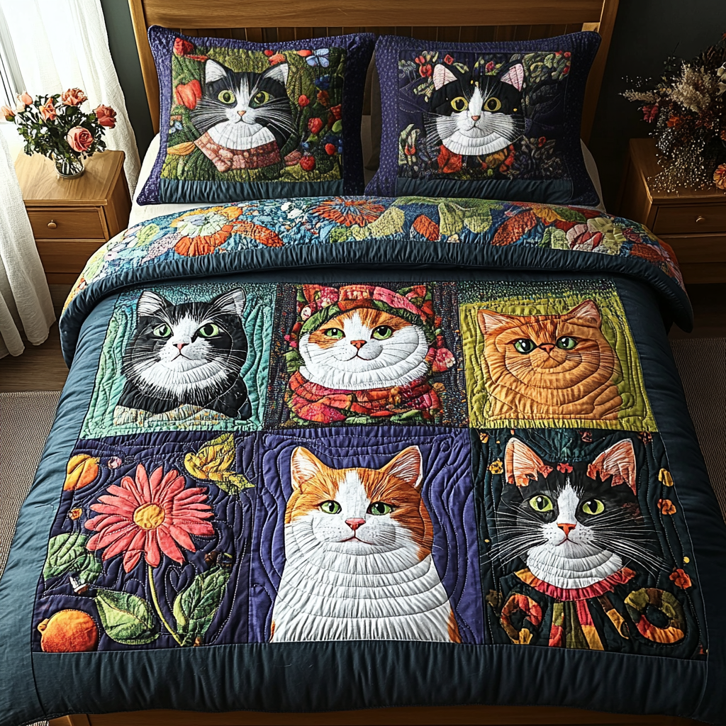 Meowgical Garden Quilted Bedding Set Holiday Season Duvet Cover Set Christmas Gifts For Cat Owners