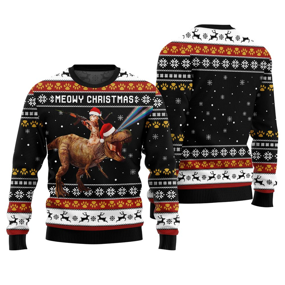 Meowry Christmas Cat Riding Dinosaur Ugly Sweater Exclusive Christmas Sweater Merch Gift Edition