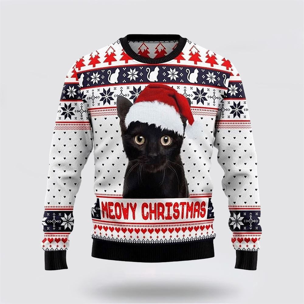 Meowy Black Cat Christmas White Sweater Christmas Unisex Sweater Funny Christmas Sweater