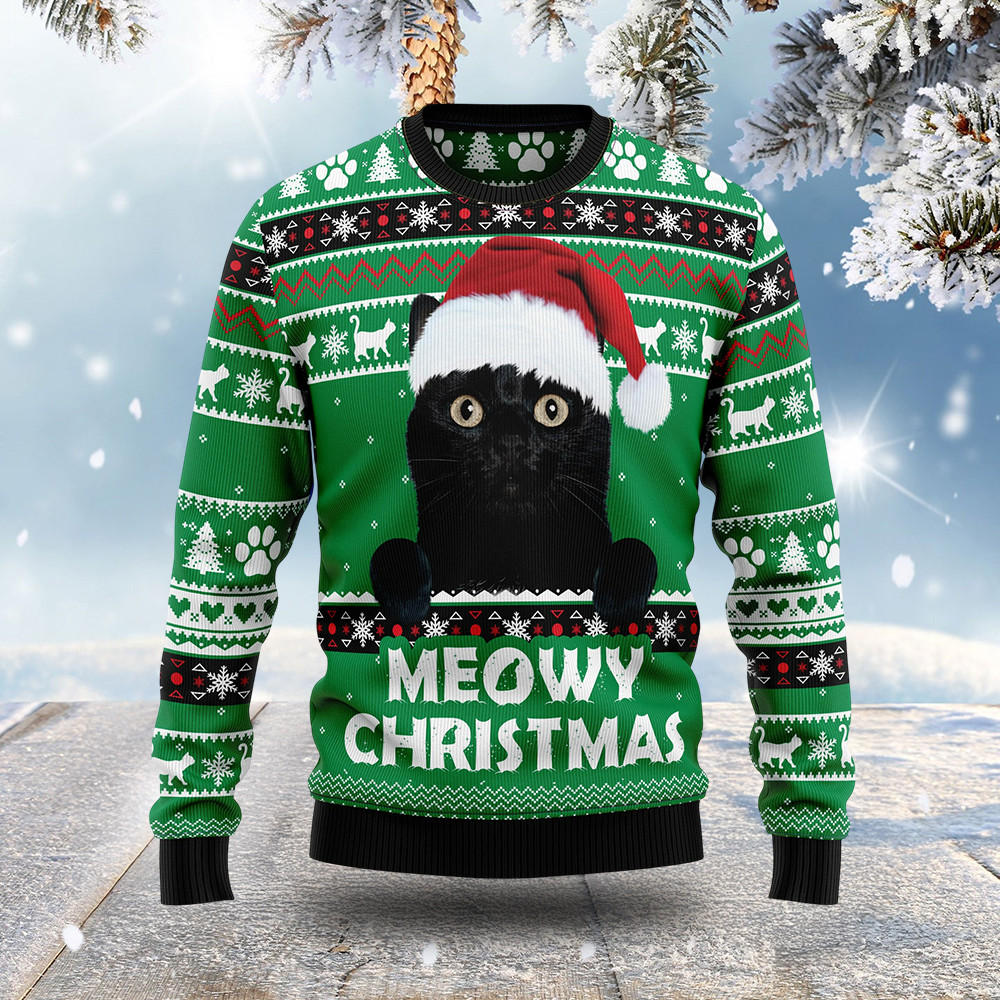 Meowy Christmas Black Cat Ugly Xmas Sweaters Cute Xmas Clothing Cat Lover Funny Gifts