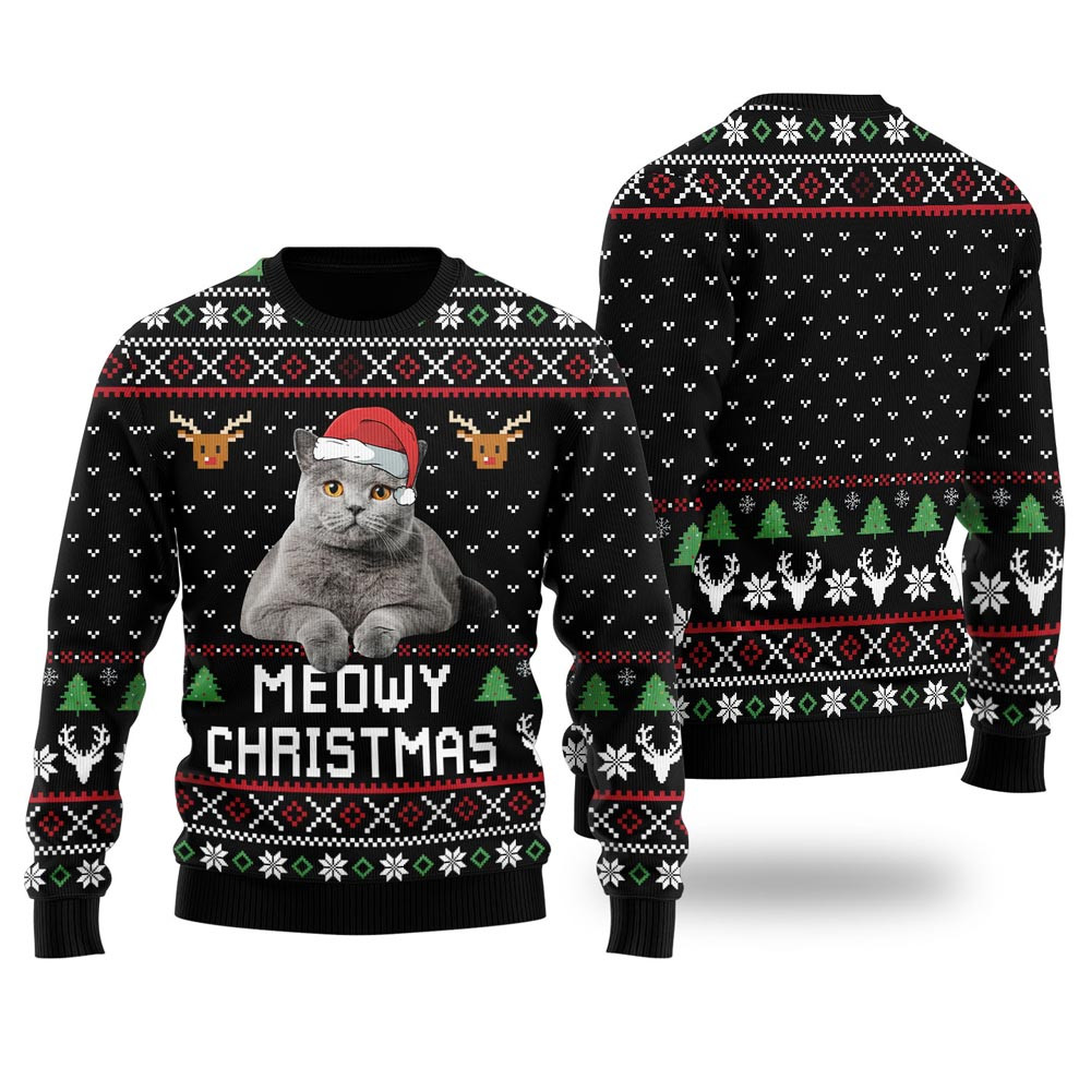 Meowy Christmas Custom Cat Christmas Sweater Black Xmas Sweaters For Family