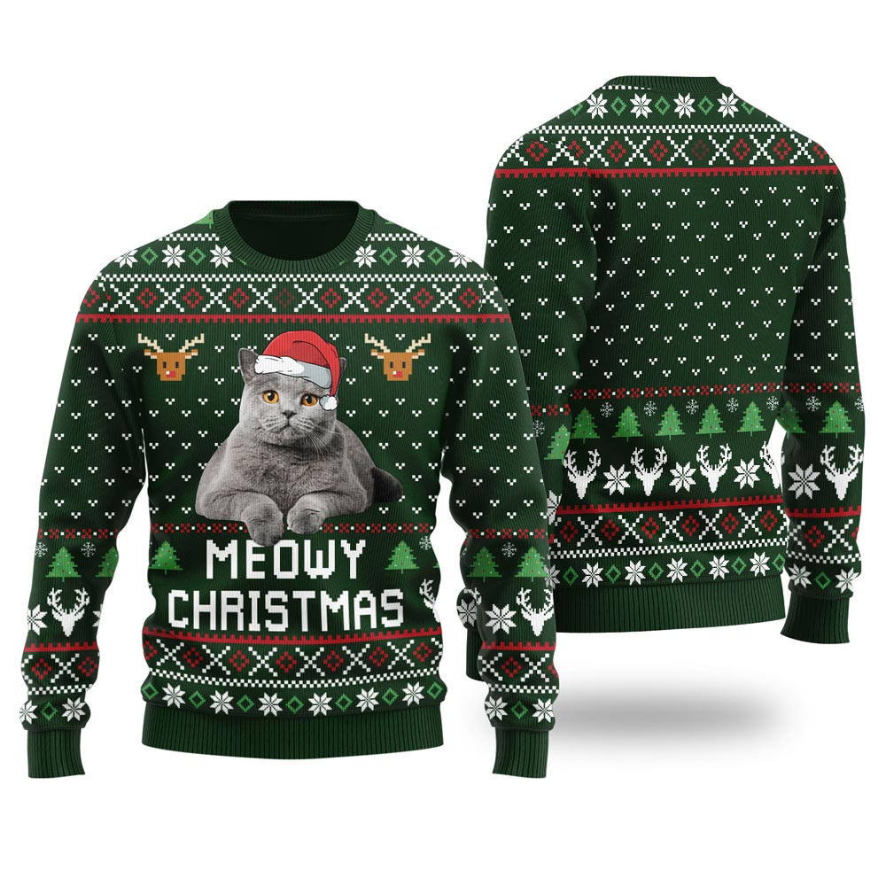Meowy Christmas Custom Cat Christmas Sweater Forest Green Cute Sweaters For Christmas