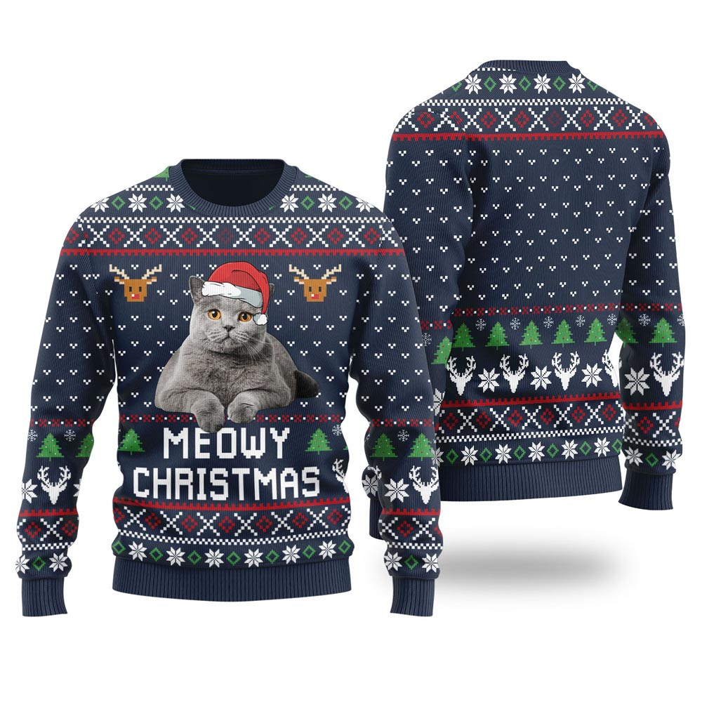 Meowy Christmas Custom Cat Christmas Sweater Navy Ugly Christmas Gifts