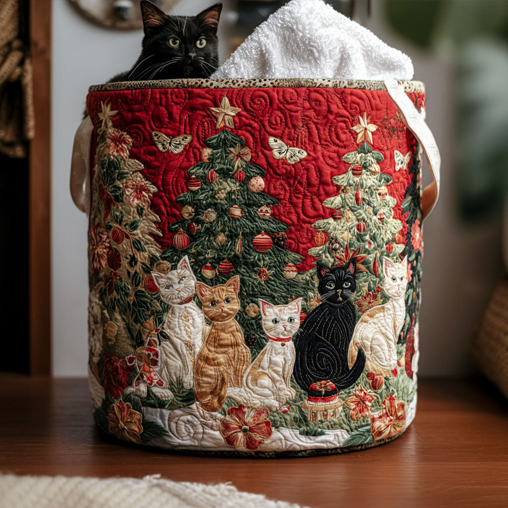 Meowy Christmas Quilted Laundry Basket Beautiful Quilted Laundry Hamper Gift for Any Occasion