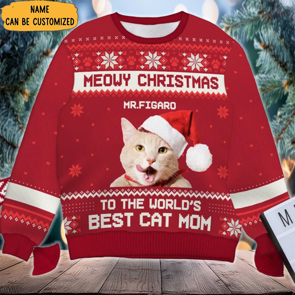 Meowy Christmas To The World's Best Cat Mom Christmas Ugly Sweater Cat Lovers Gifts For Mom
