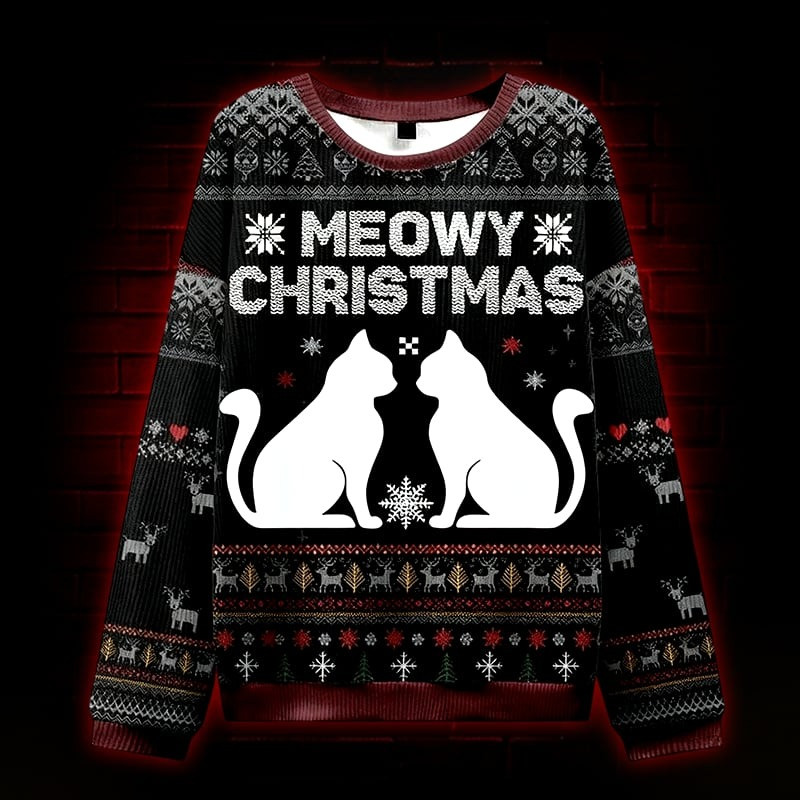 Meowy Christmas Ugly Sweater Cute Xmas Clothing Holiday Gifts For Cat Lovers