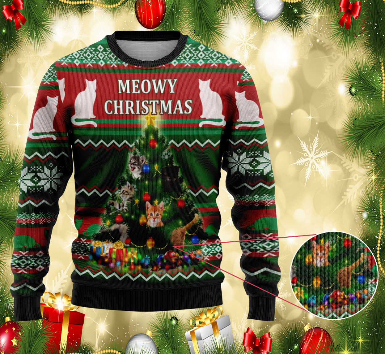 Meowy Christmas Ugly Sweater Humorous Holiday Gifts for Cat Lovers