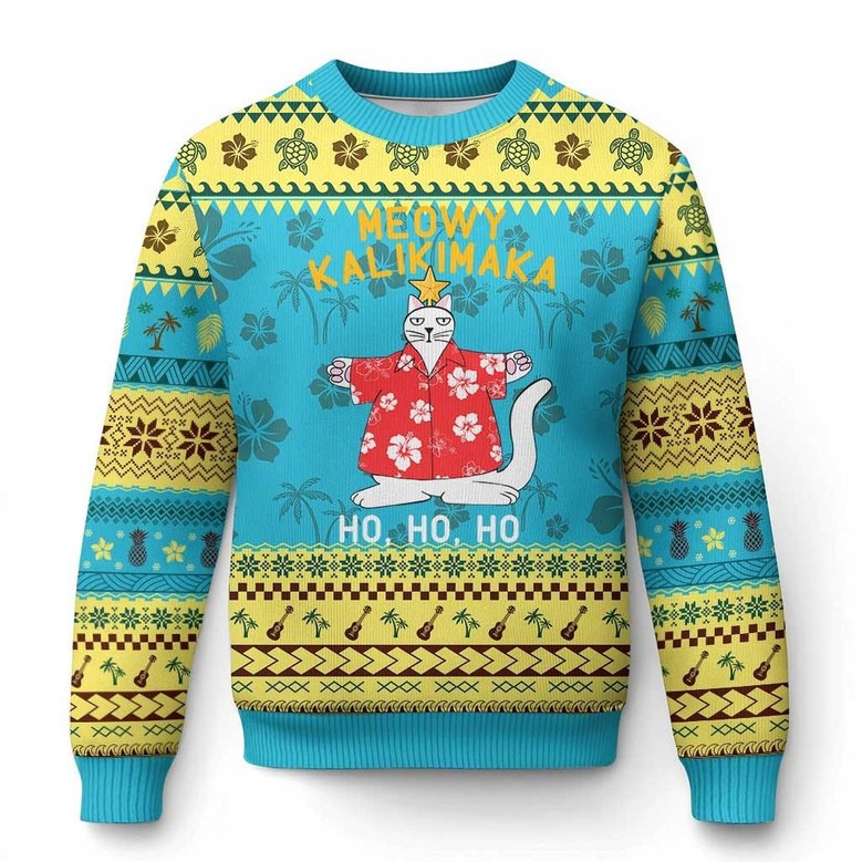 Meowy Kalikimaka Ugly Christmas Jumper Tropical Sweater Cat Themed Gifts For Hawaiian