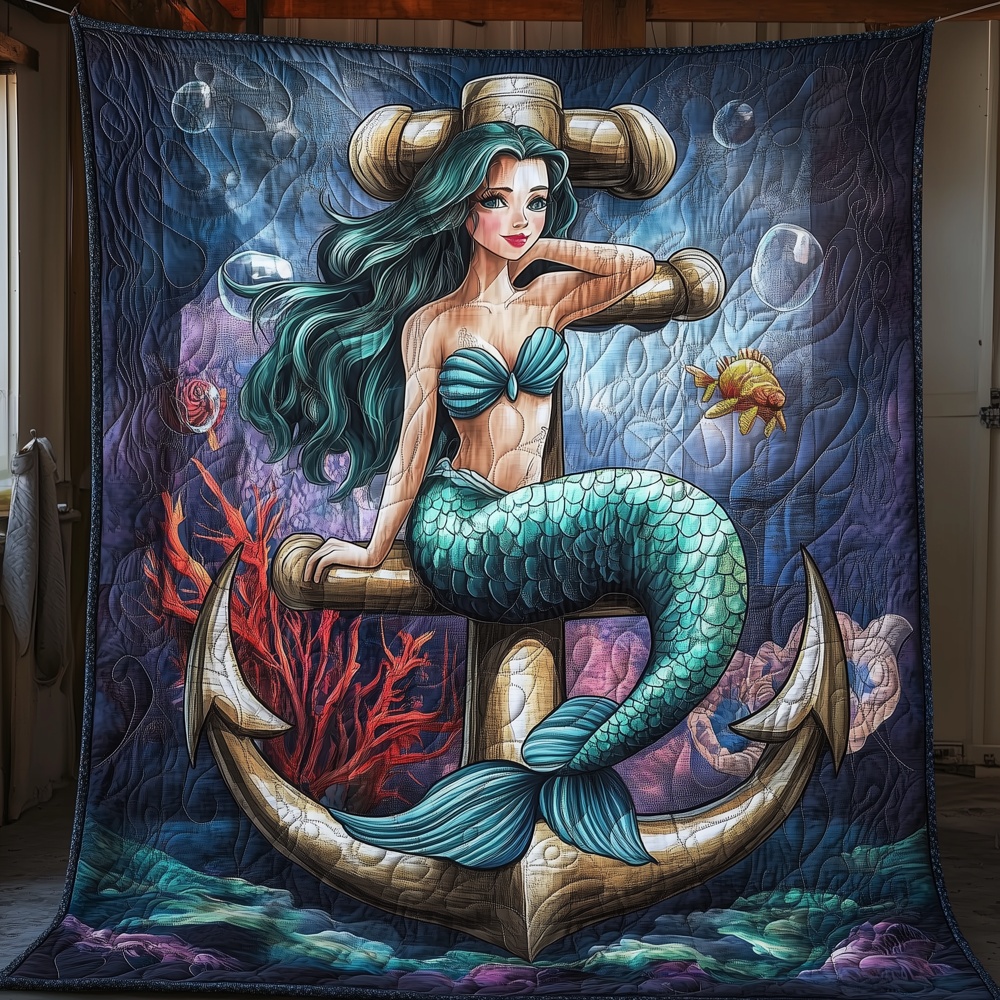 Mermaid Anchor Ocean Quilted Blanket Fantasy Sea Girl Patchwork Art Throw Best Gift For Mermaid Lovers