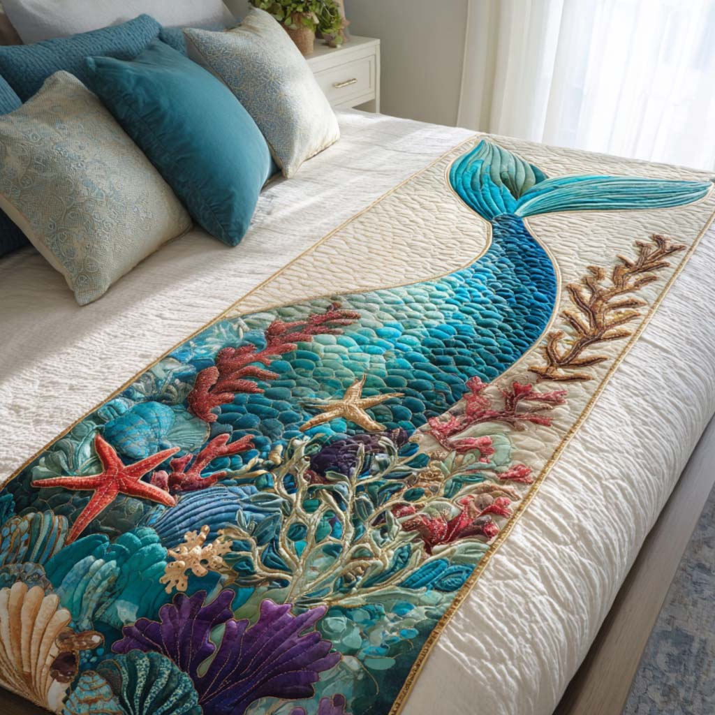 Mermaid Tail Quilted Bed Runner Cozy Bedroom Decor Unique Gifts For Ocean Lovers