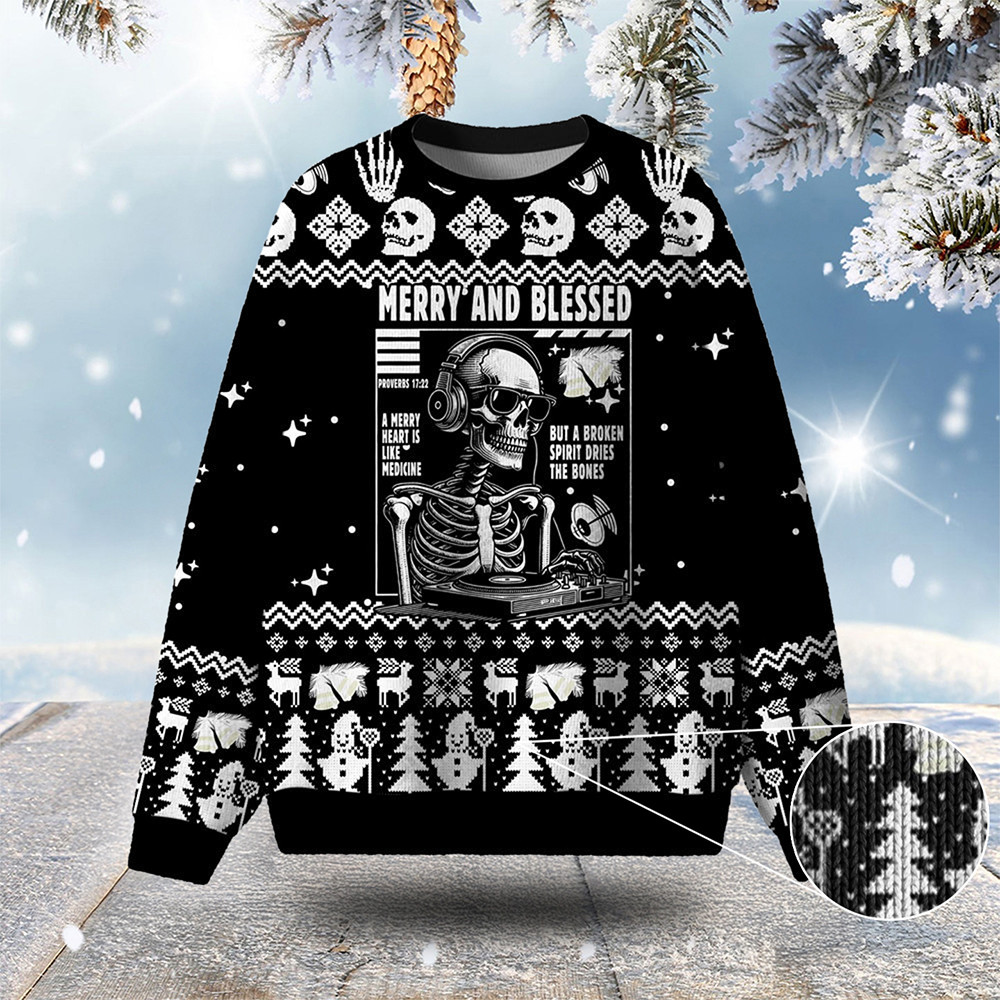 Merry And Blessed Ugly Christmas Sweater Skeleton Pattern Xmas Wear Christmas Gift For Him