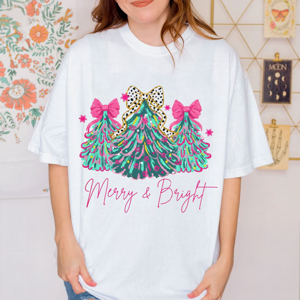 Merry And Bright Christmas Tree Holiday Festive Bow Lights Tshirt Merry And Bright Christmas Tree Holiday Festive Bow Lights Tshirt
