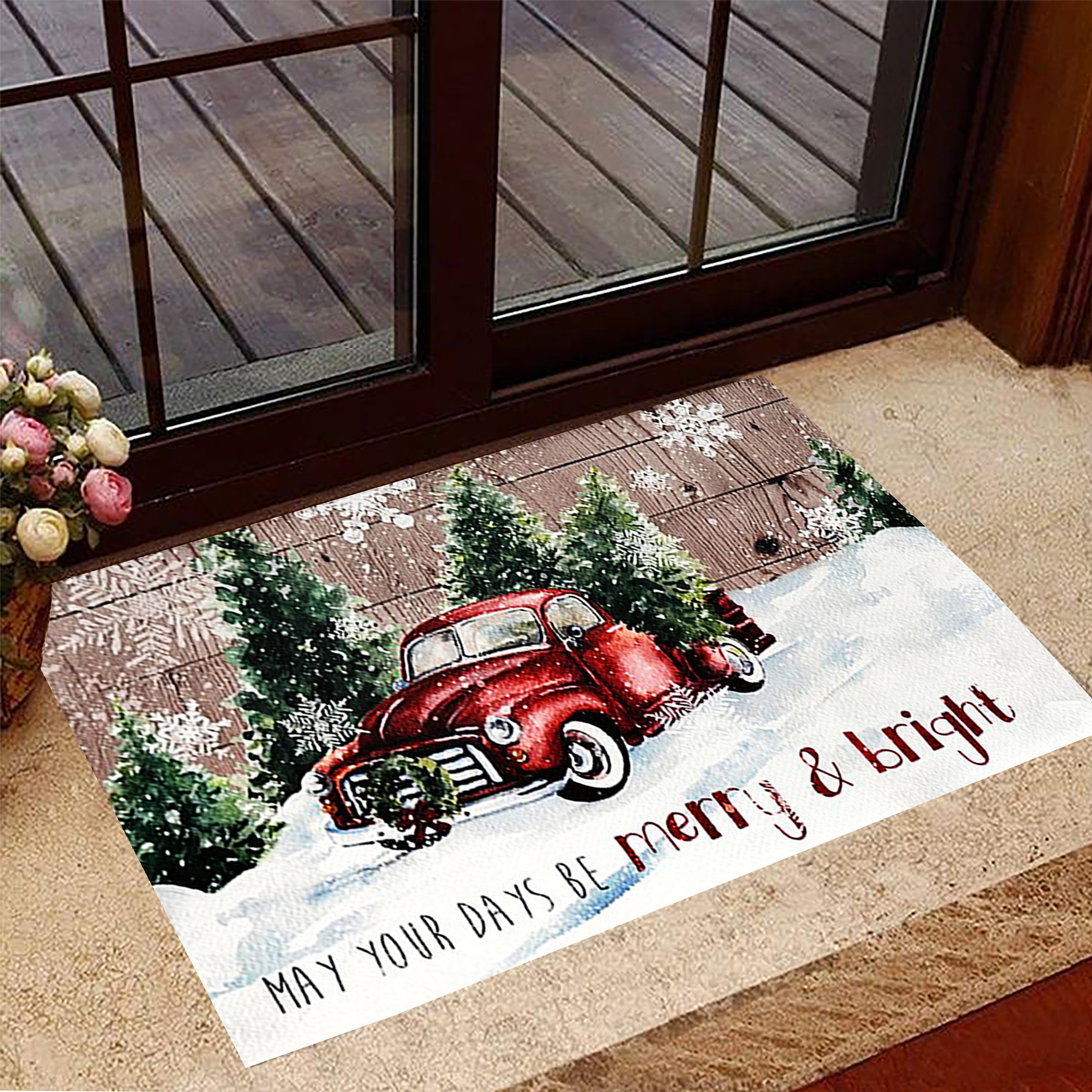 Merry And Bright Doormat Red Truck Holiday Christmas Welcome Mat For Front Door