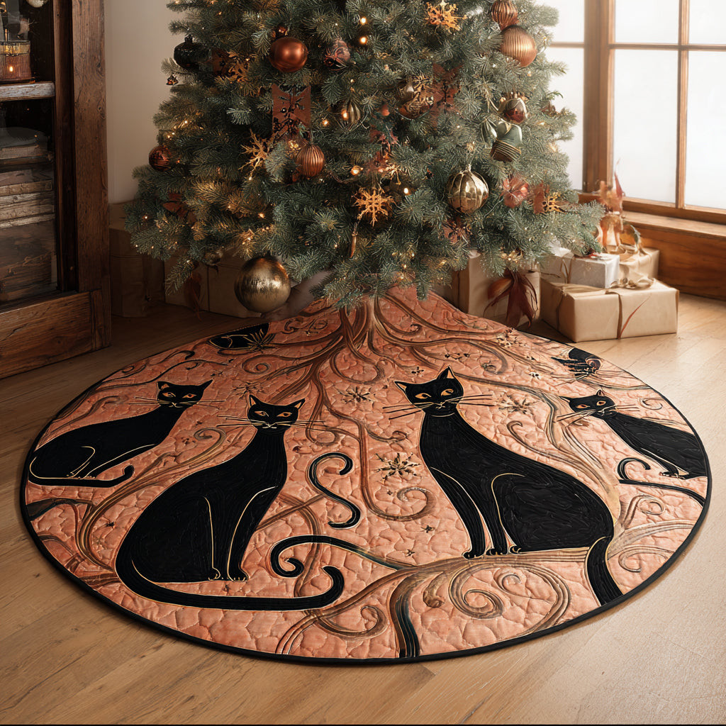Merry Black Cat Christmas Quilted Tree Skirt Animal Themed Home Decor Cat Lover Xmas Gifts