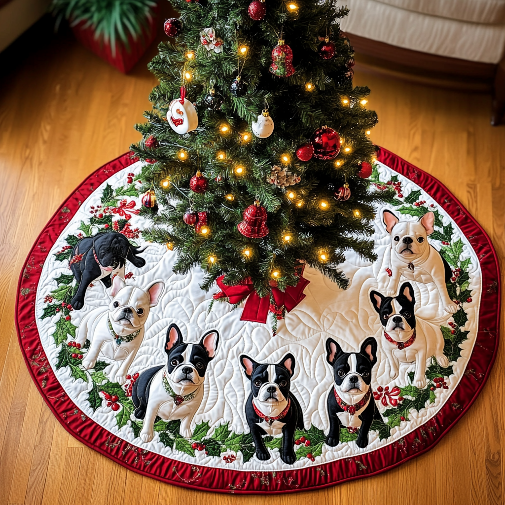 Merry Boston Terrier Magic Christmas Quilted Tree Skirt Christmas Tree Bottom Cover Christmas Gifts For Grandparents