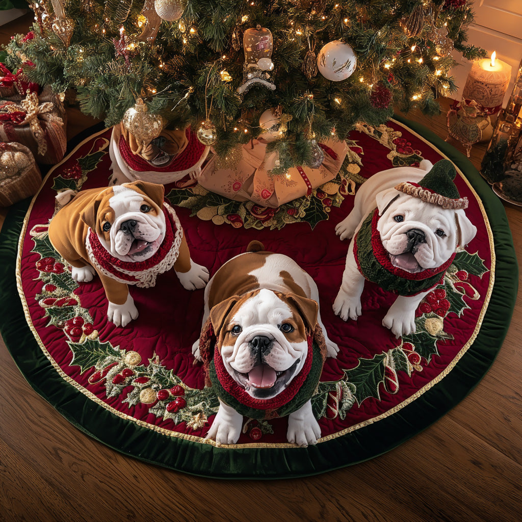 Merry Bulldog Night Quilted Christmas Tree Skirt Unique Holiday Gift Merch for Family Homes