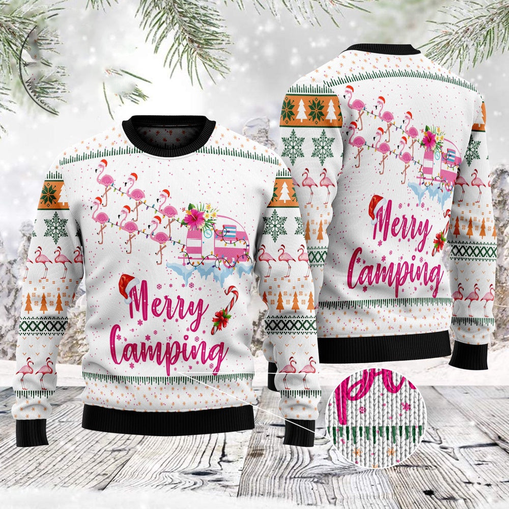 Merry Camping Flamingo Ugly Christmas Sweater Funny Ugly Christmas Sweater Gifts For Couples