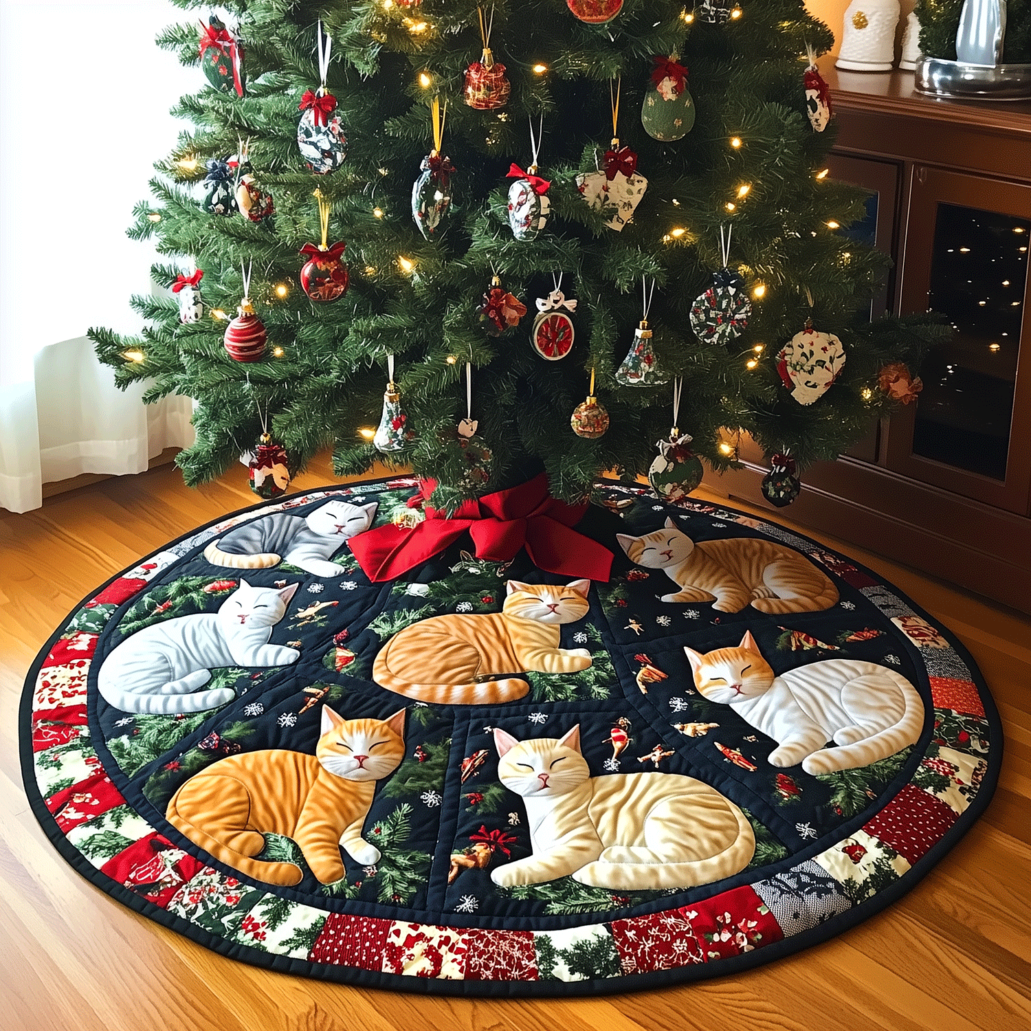 Merry Catsmas Quilted Christmas Tree Skirt Unique Holiday Gift Merch for Family Homes