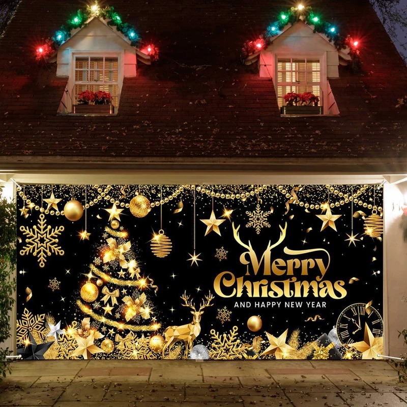 Merry Christmas And Happy New Year Garage Door Cover Sparkle Outside Home Decor Xmas Gifts