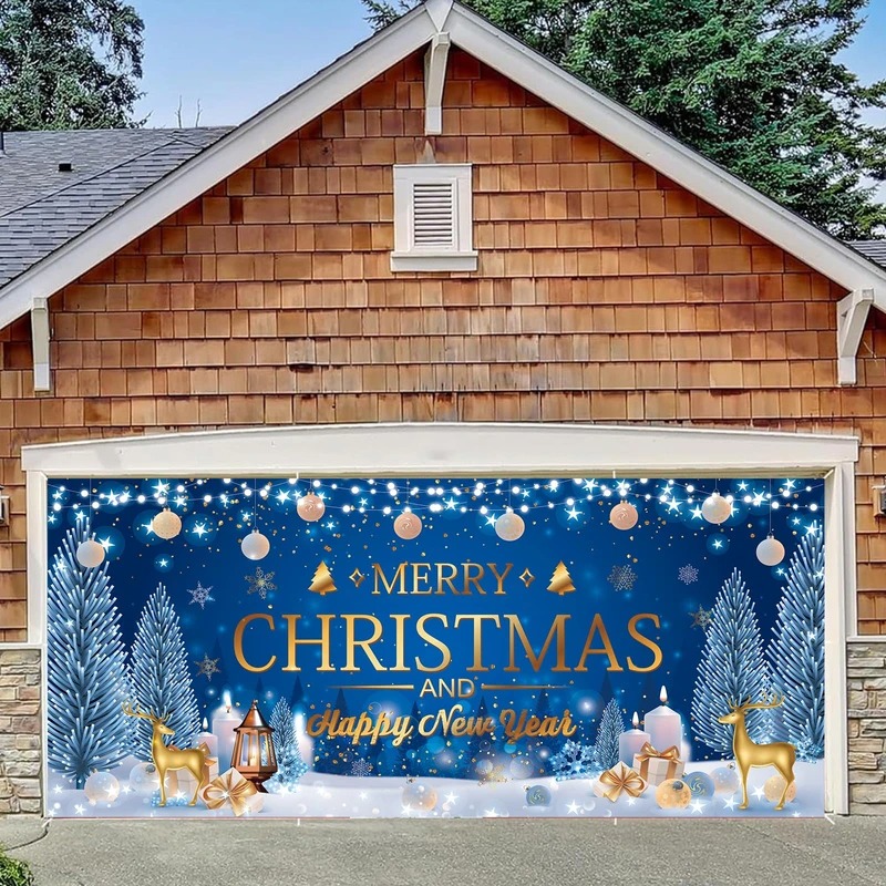 Merry Christmas And Happy New Year Garage Door Cover Winter Outdoor Decoration Gifts