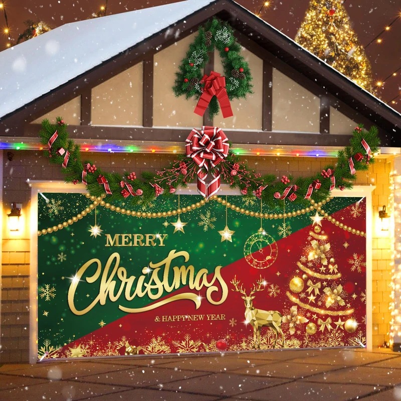 Merry Christmas And Happy New Year Garage Door Cover Xmas Garage Backdrop Decor Gifts
