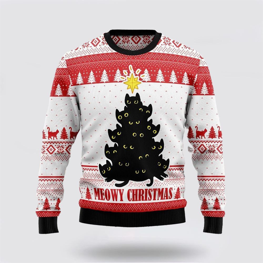 Merry Christmas Black Cat In Pine Tree Christmas Sweater Christmas Gift For Cat Love