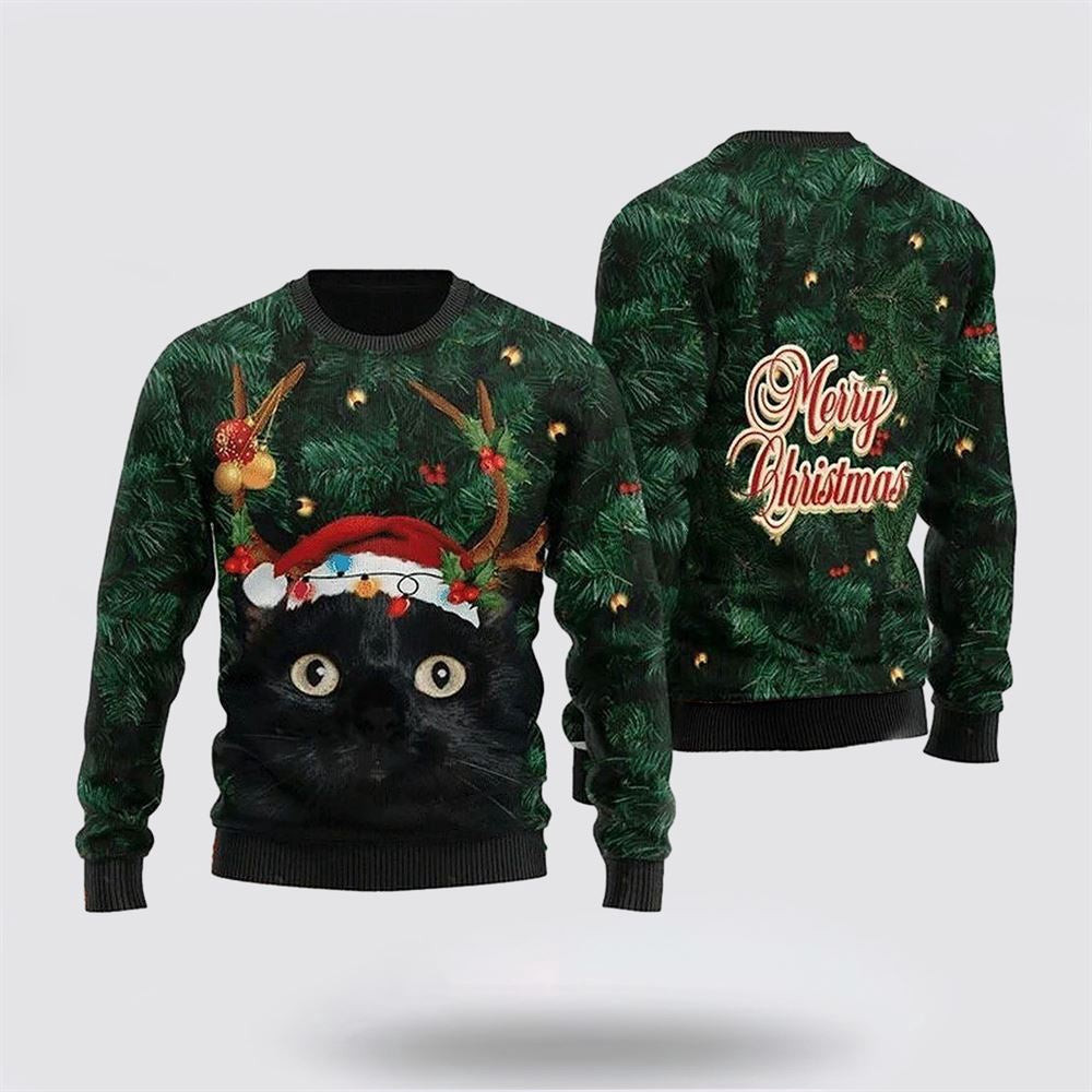 Merry Christmas Black Cat In Pine Tree Christmas Sweater Christmas Unisex Sweater Funny Christmas Sweater