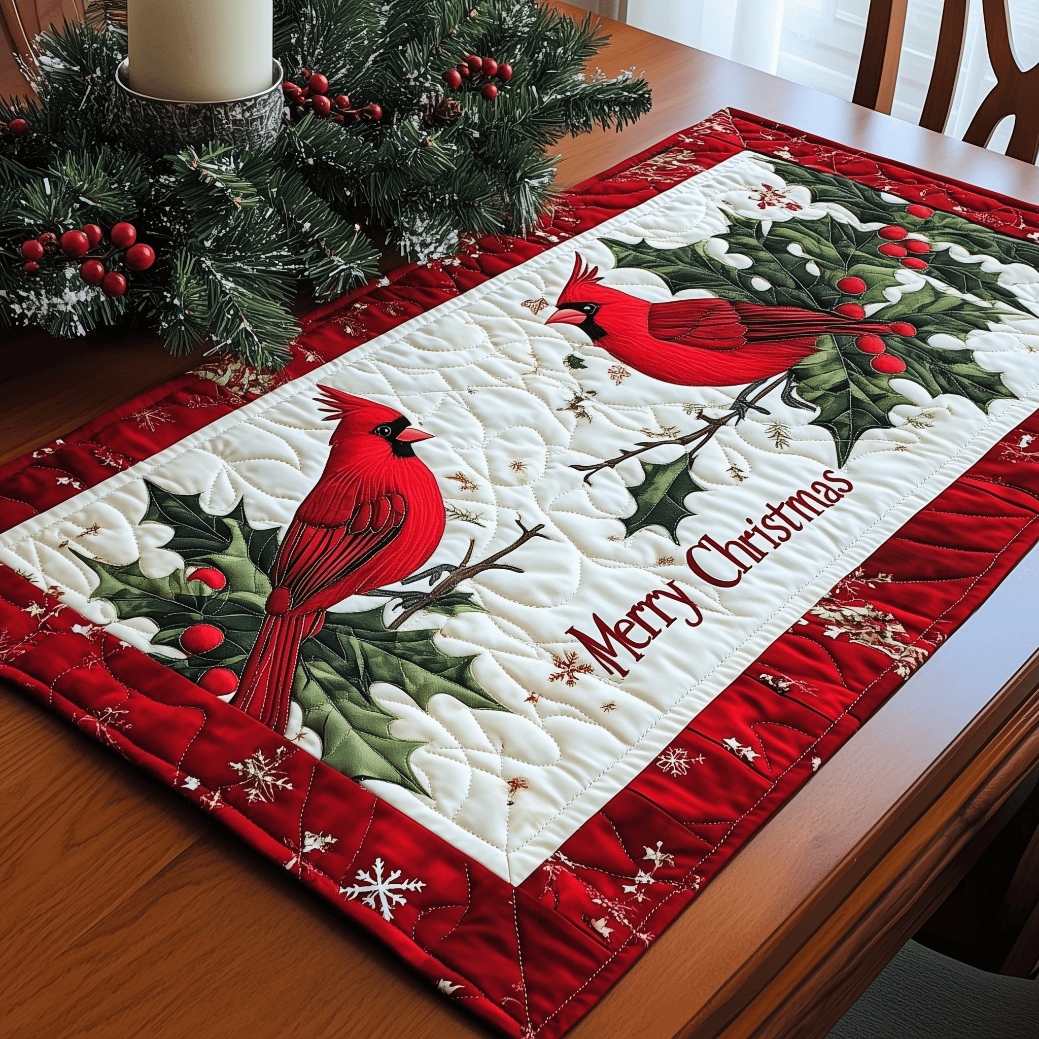 Merry Christmas Cardinal Quilted Table Runner Holiday Dining Table Runner Decorations Cardinal Gift Items