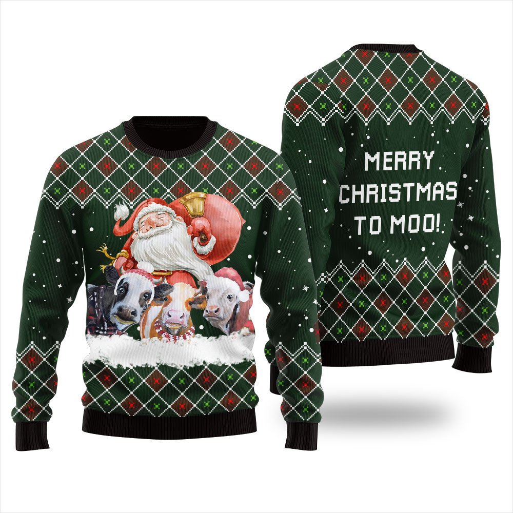 Merry Christmas Cow Xmas Sweater Green Trendy Christmas Sweater for Winter Outfits