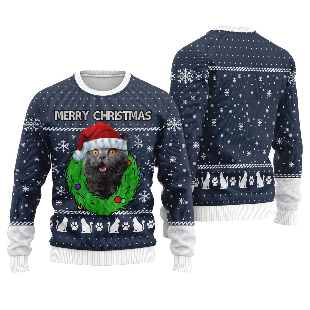 Merry Christmas Custom Cat Ugly Christmas Sweater Navy Christmas Gift Ideas For Mom