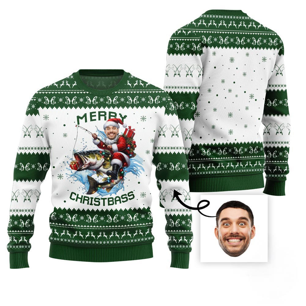 Merry Christmas Custom Face Fishing Ugly Sweater Funny Ugly Christmas Sweater