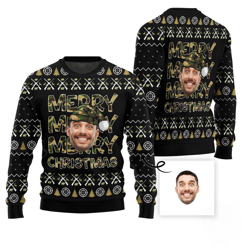 Merry Christmas Custom Face Hunting Pattern Sweater Secret Santa Gifts For Her