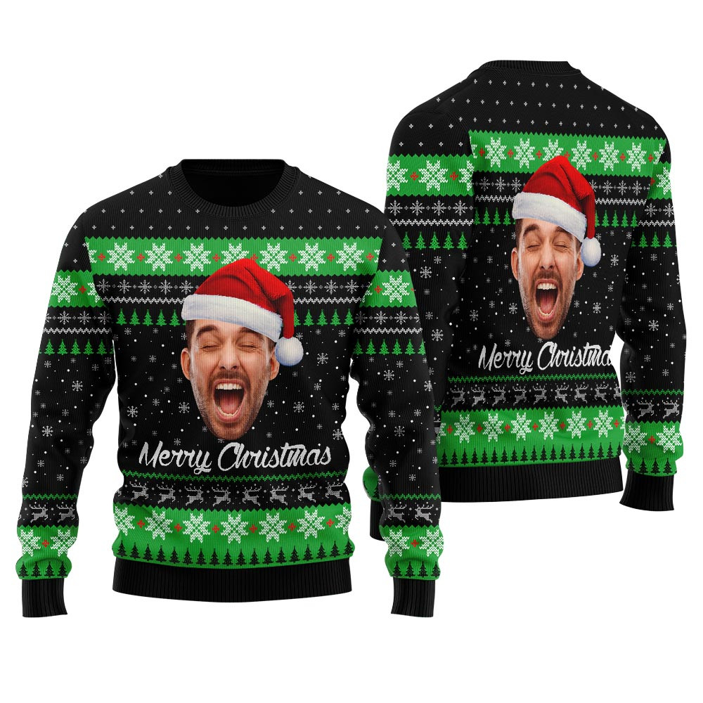 Merry Christmas Custom Face Ugly Sweater Black Ugly Xmas Sweaters For Couples