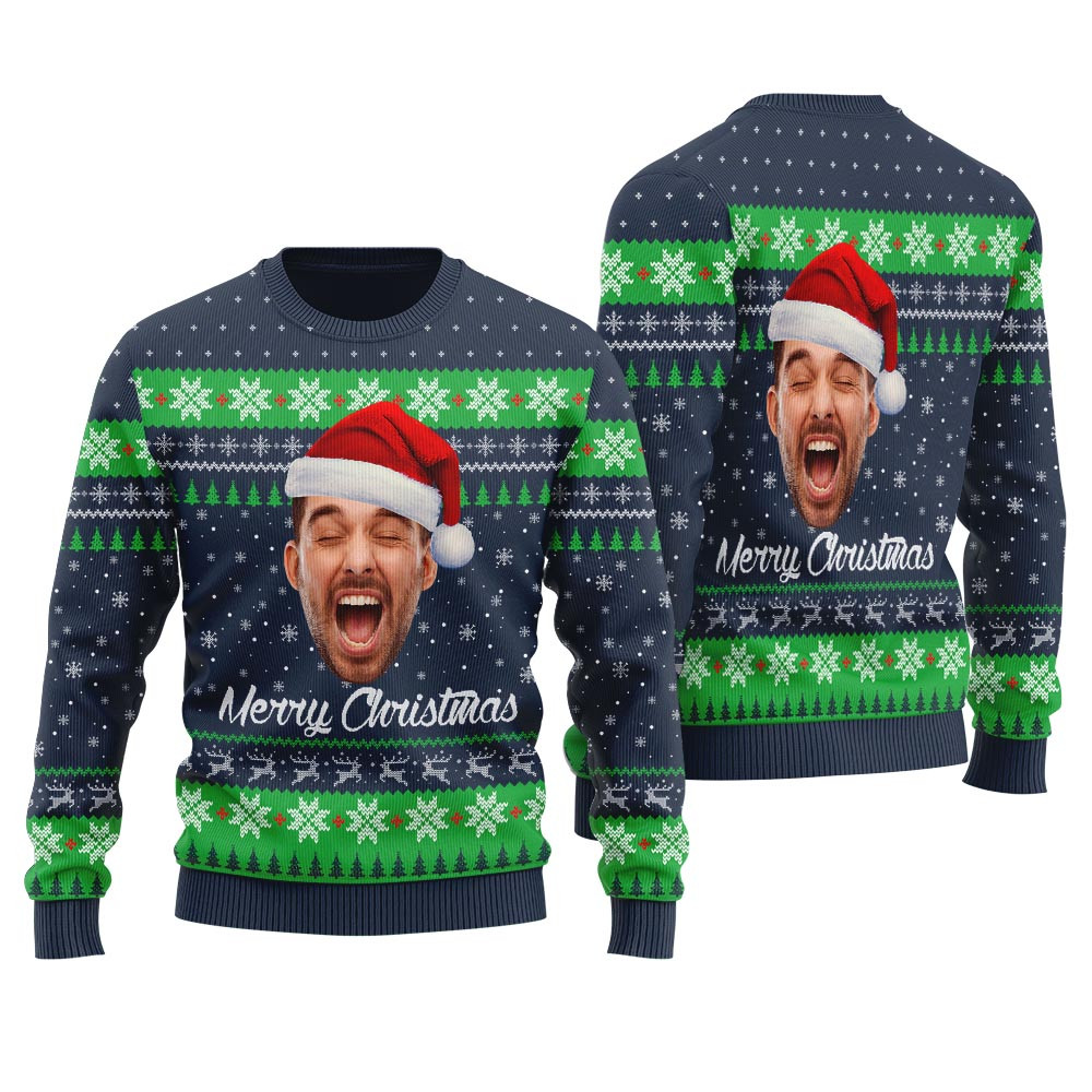 Merry Christmas Custom Face Ugly Sweater Navy Family Gifts For Christmas