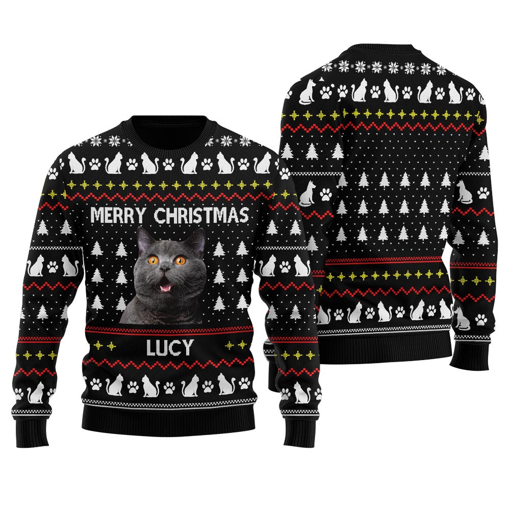 Merry Christmas Custom Ugly Christmas Sweater With Cat Black Secret Santa Gifts For Her