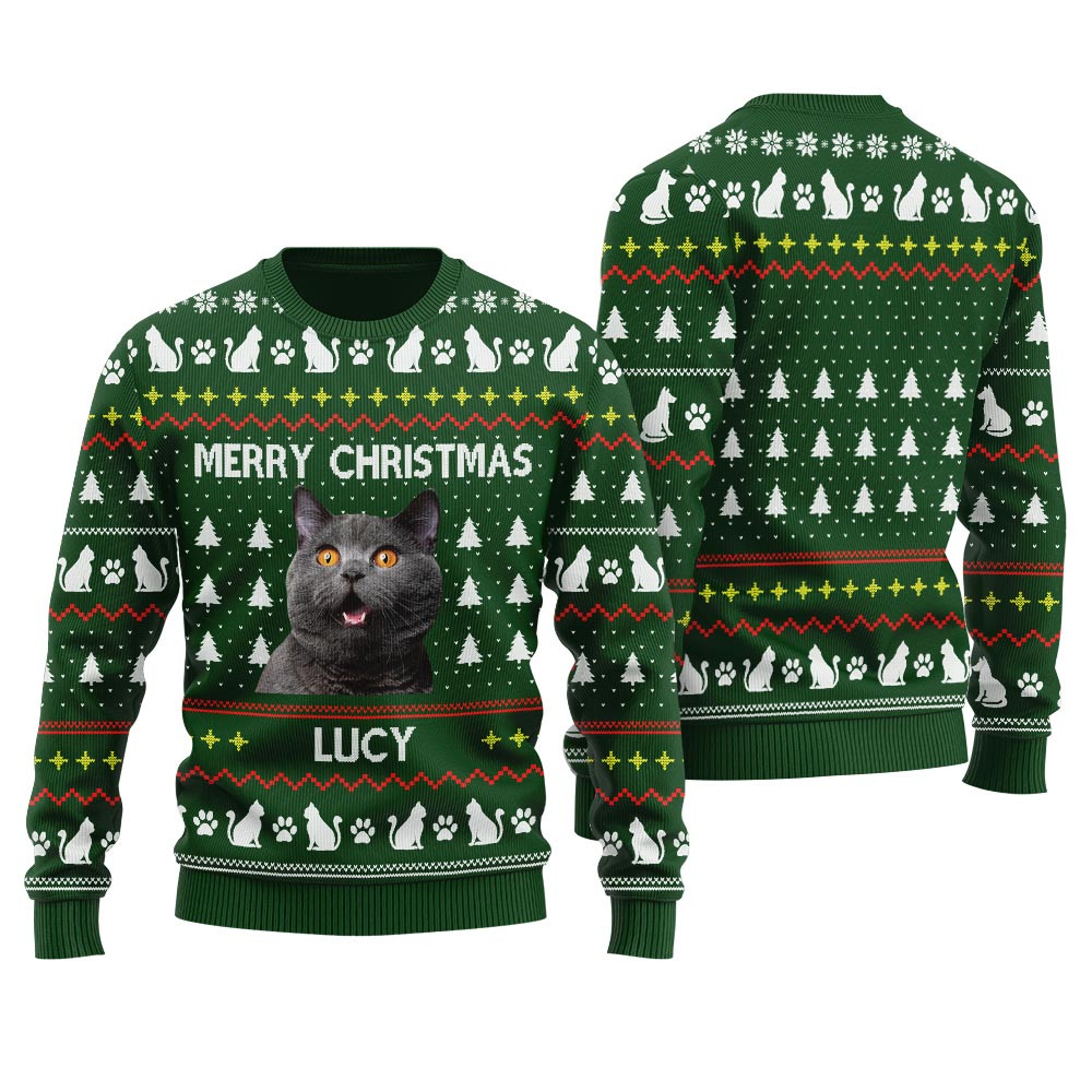 Merry Christmas Custom Ugly Christmas Sweater With Cat Forest Green Funny Christmas Sweaters For Women