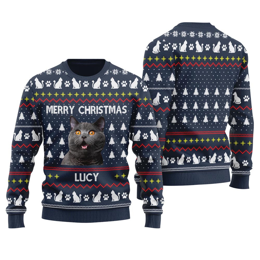 Merry Christmas Custom Ugly Christmas Sweater With Cat Navy Ugly Xmas Sweaters For Couples