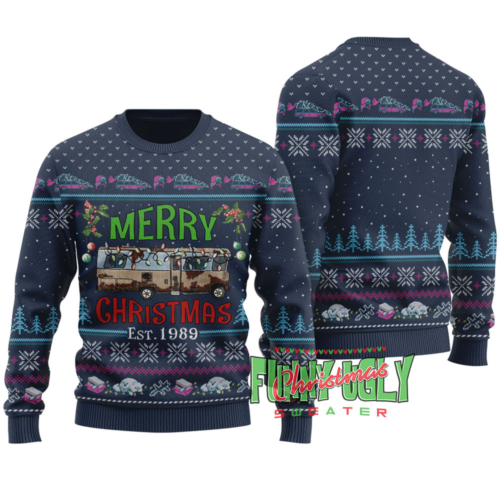 Merry Christmas Est1989 National Lampoon Ugly Sweater Navy Cozy Christmas Sweater for Holiday Season
