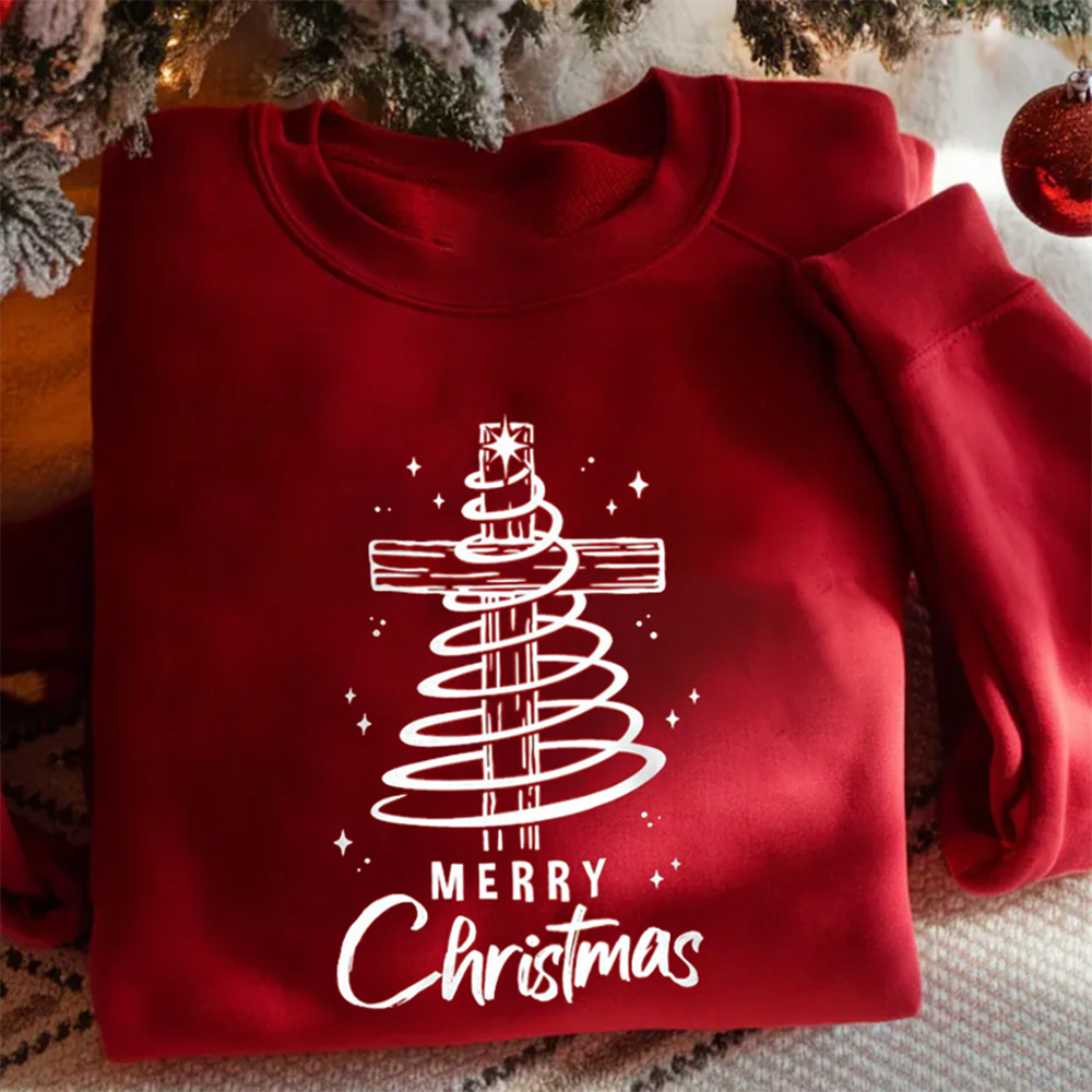 Merry Christmas Faith Cross Sweatshirt Christian Clothing Line Present For Girlfriend