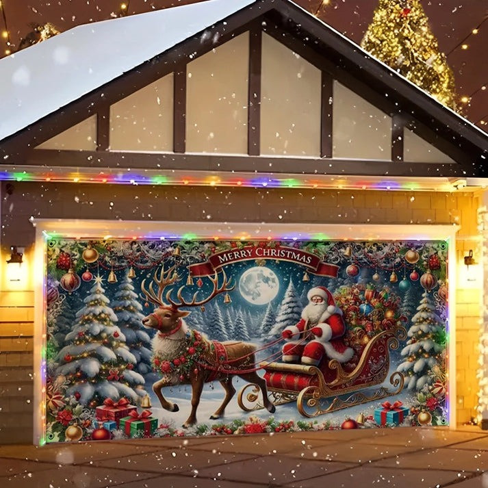 Merry Christmas Garage Door Cover  Eve Sleigh Ride Xmas Festival House Decor Gifts