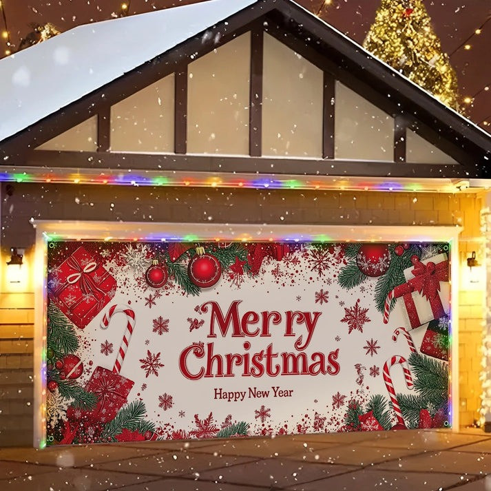 Merry Christmas Garage Door Cover Happy New Year Gifts And Candy Canes Festival Decor Gifts