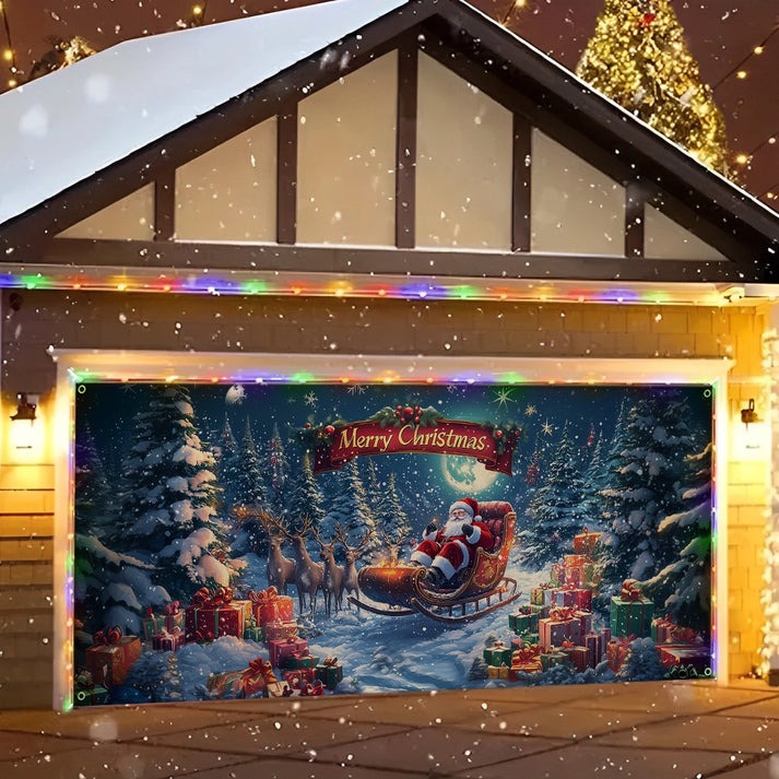 Merry Christmas Garage Door Cover Santa On Sleigh With Reindeer And Gifts Outdoor Decoration