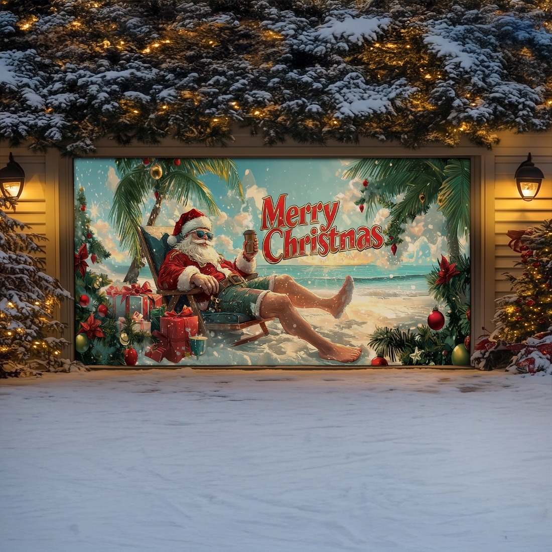 Merry Christmas Garage Door Cover Santa Relaxing On Beach Funny Outside Decor Xmas Presents