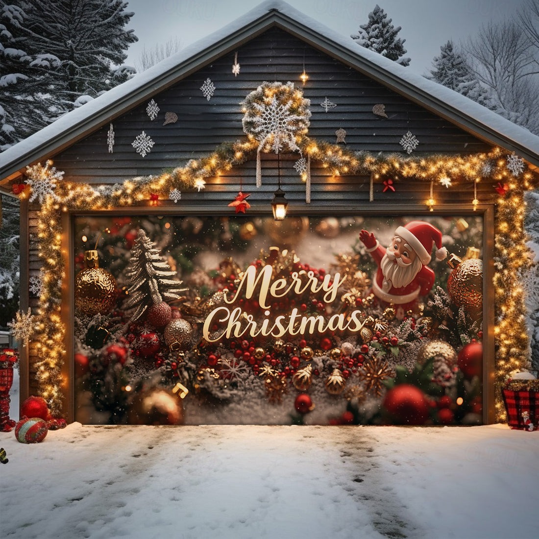 Merry Christmas Garage Door Cover Santa With Ornaments Festive Outdoor Decoration Gift