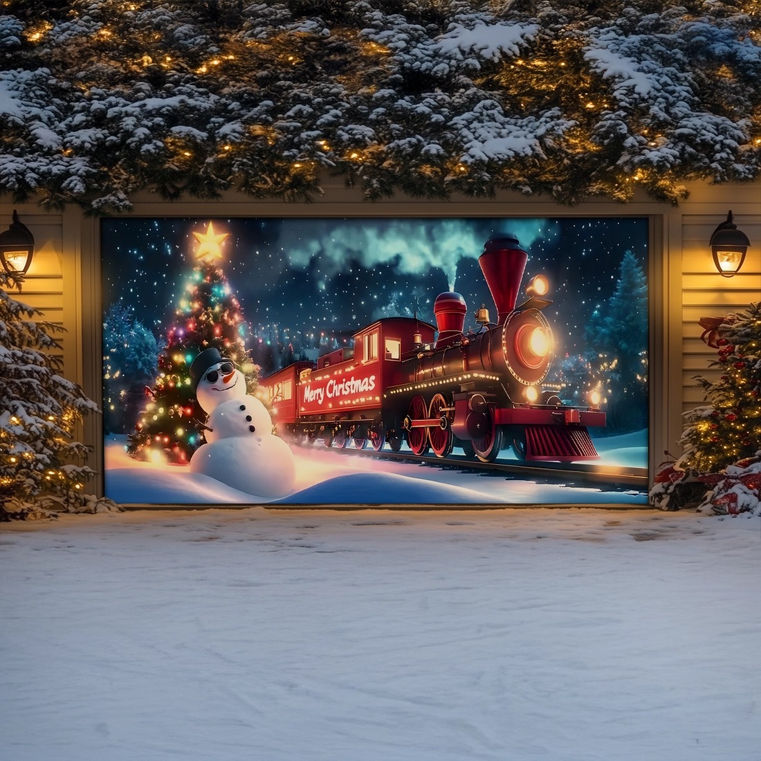Merry Christmas Garage Door Cover Snowman And Train Of Lights Decorations Xmas Gifts For Dad