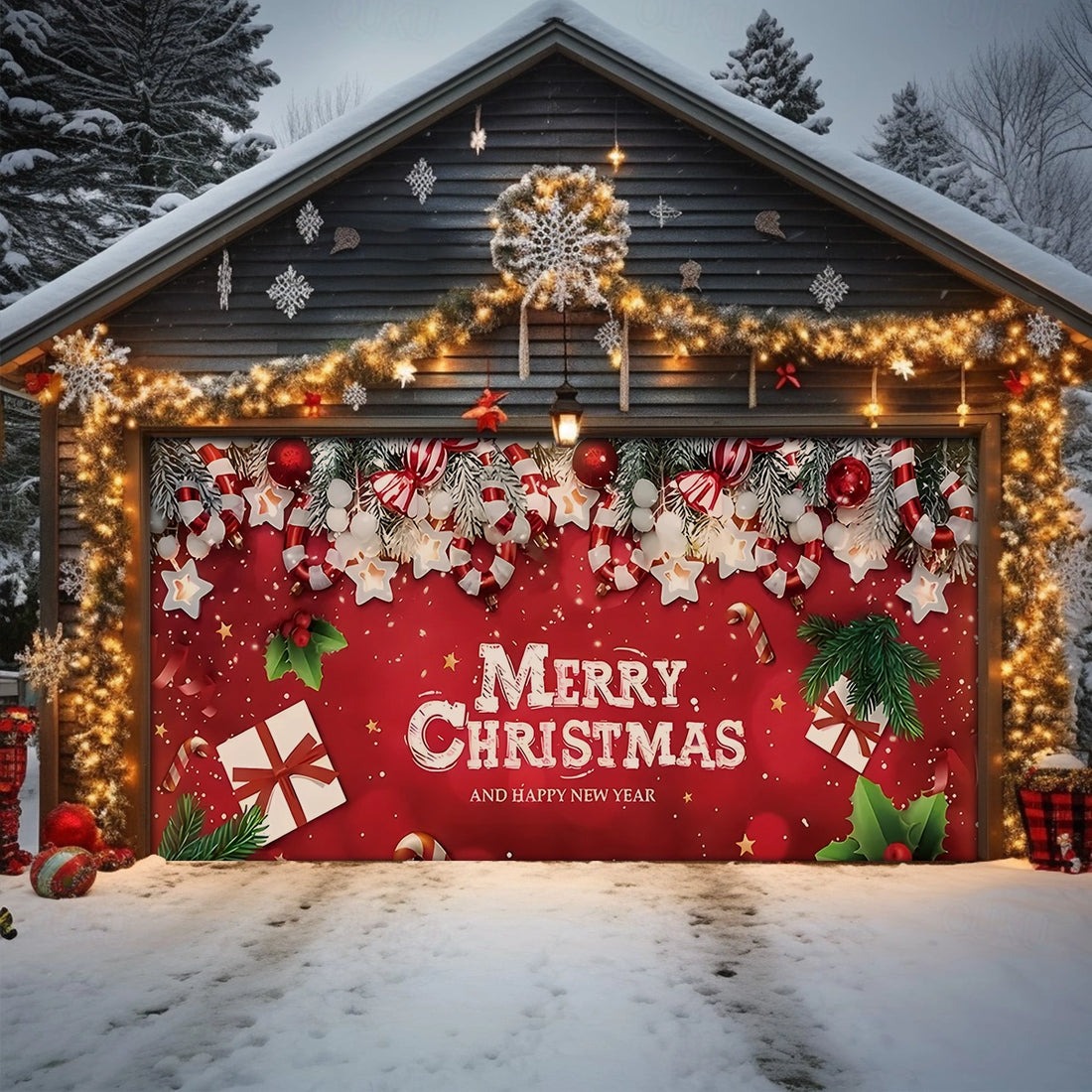 Merry Christmas Garage Door Cover Stars Candy Cane And Gifts Happy New Year Gara Decorations