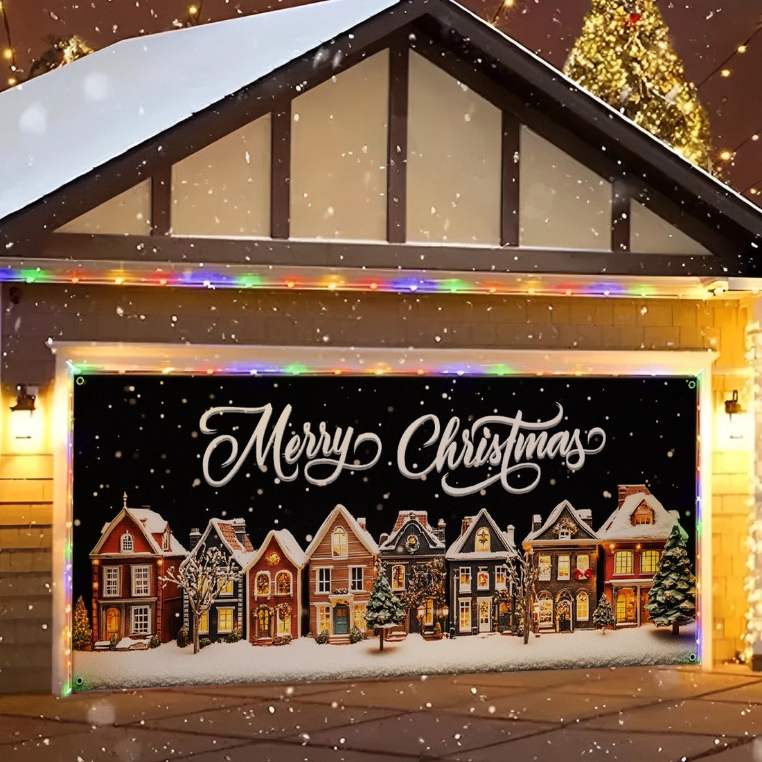 Merry Christmas Garage Door Cover Winter Holiday Townscape House Decorations Gifts For Him