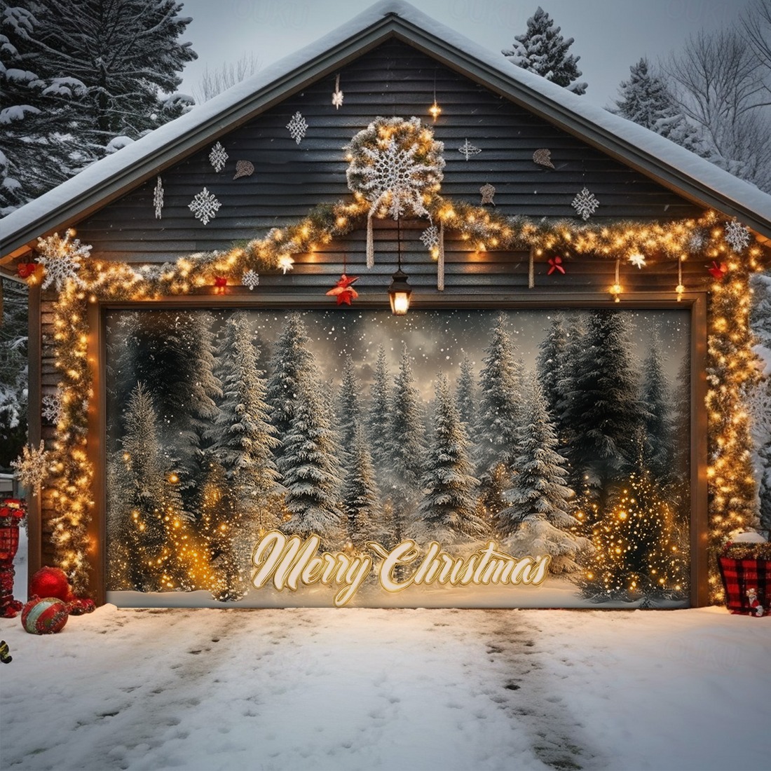 Merry Christmas Garage Door Cover Winter Wonderland Glow Snowy Pine Forest Gara Decorations