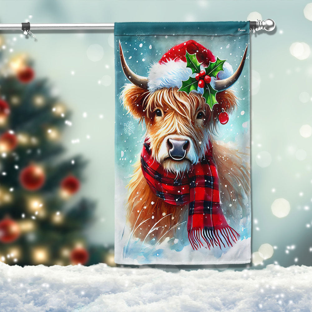 Merry Christmas Highland Cow Flag Santa Hat Holiday Gift Home Decor